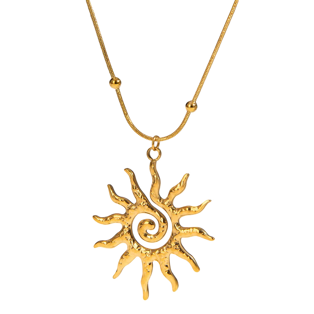 Bold hammered gold sunburst spiral pendant necklace on beaded gold chain, waterproof hypoallergenic statement jewelry