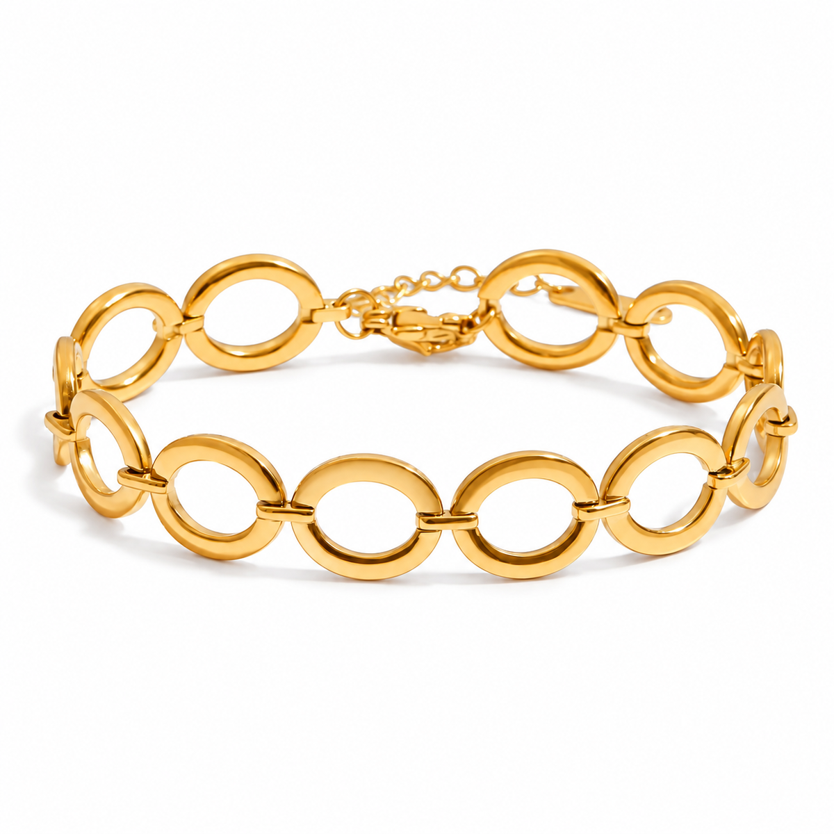 A polished yellow gold link bracelet with oval links, displayed on a clean white background.