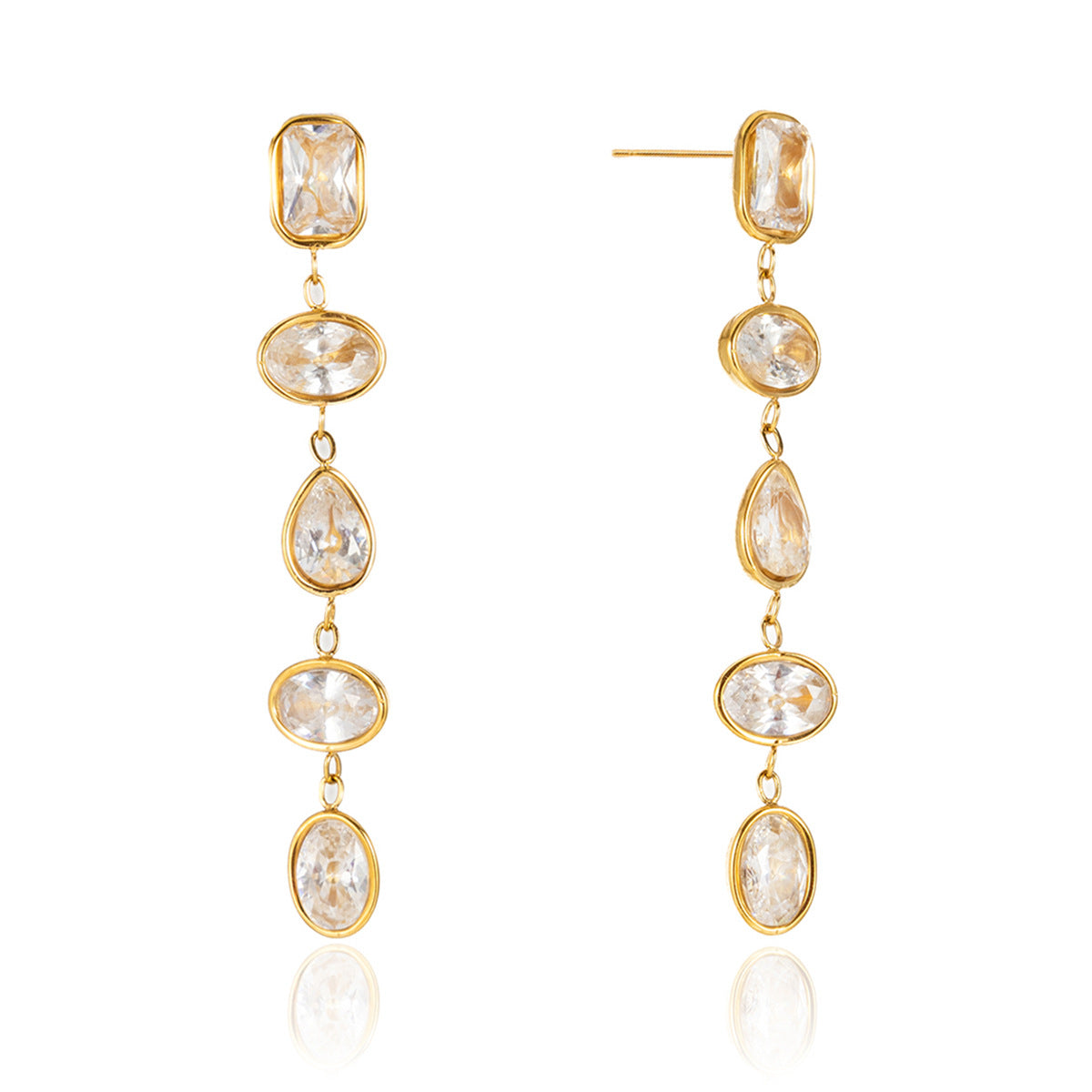 Long linear crystal drop earrings with mixed bezel-set stones. Gold dangle earrings, five stone drop, waterproof and hypoallergenic. Glamorous women's earrings.