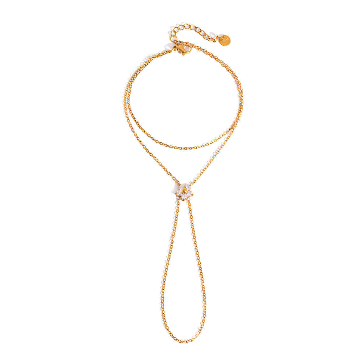 Gold necklace with a floral pendant on a white background