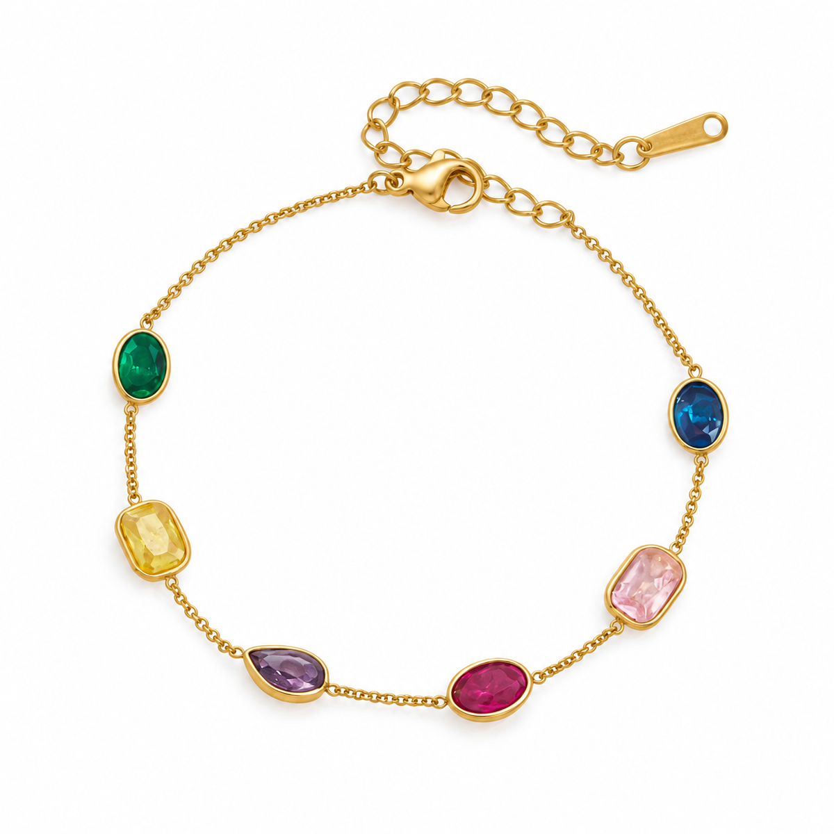 A gold chain bracelet featuring seven colorful gemstone accents in various shapes and colors including green, blue, yellow, purple, pink, and red, displayed on a clean white background.