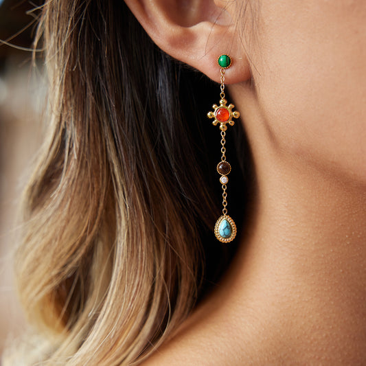Gold long chain drop earrings with malachite, carnelian, garnet and turquoise multi-stone charms on white background