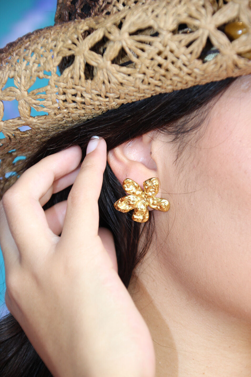 Gold floral sculptural earrings, stainless steel, waterproof