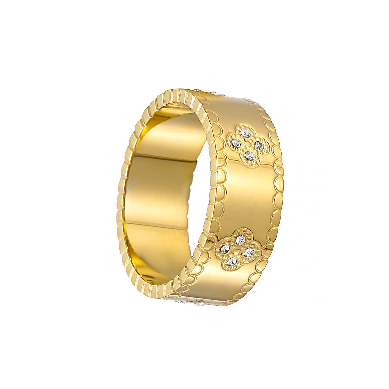 Gold clover motif ring with cubic zirconia stones, PVD gold plated stainless steel, waterproof and tarnish-free, elegant statement jewelry for everyday or special occasions