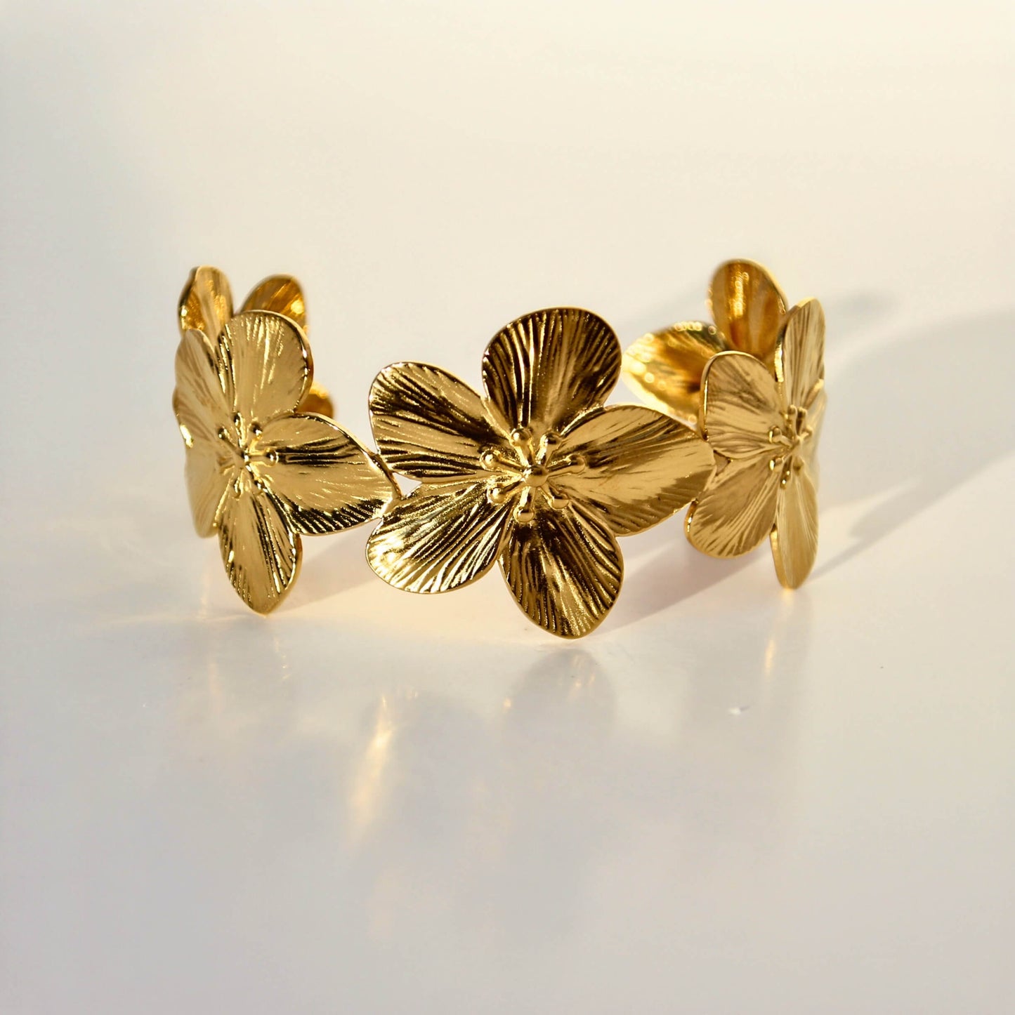 Gold floral cuff bracelet, stainless steel, waterproof