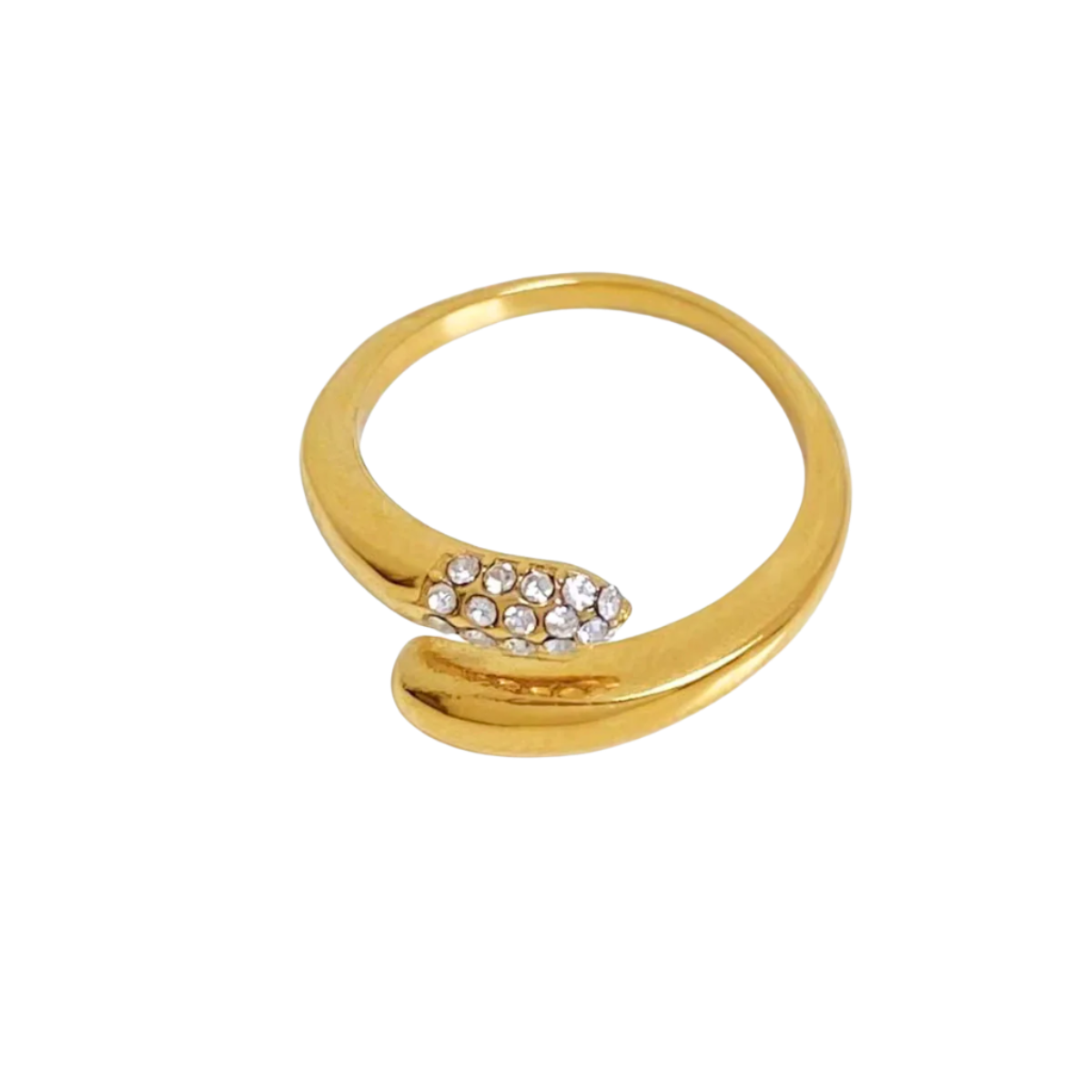 Gold-plated stainless steel open-ended ring with crystals, waterproof and tarnish-resistant, perfect for everyday and special occasions.