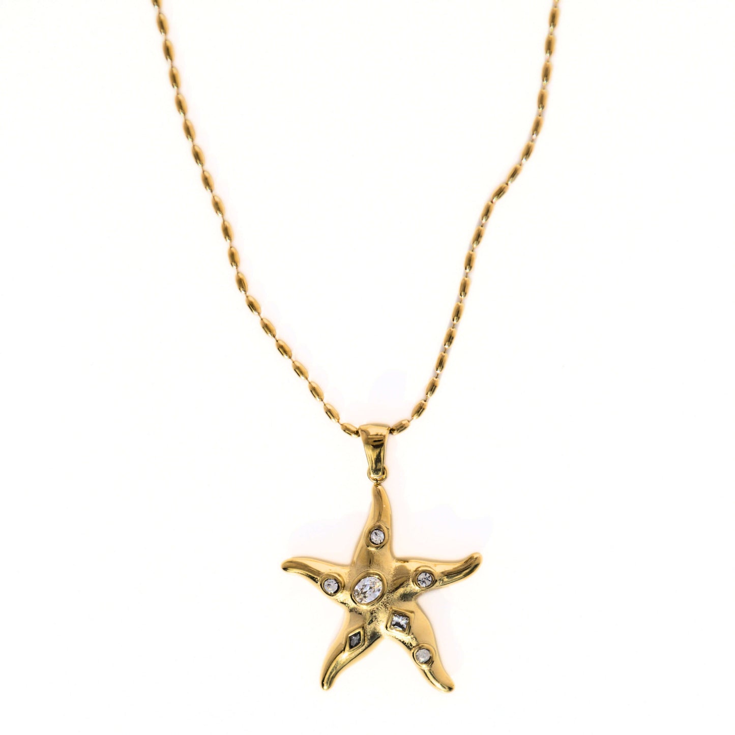 Gold starfish crystal pendant necklace, stainless steel, waterproof