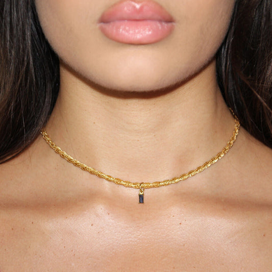 Gold twisted chain necklace with blue gemstone, stainless steel, waterpro