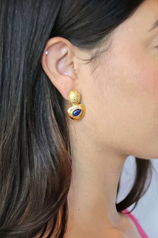 Hammered gold and deep blue PVD gold-plated waterproof stainless steel statement earrings