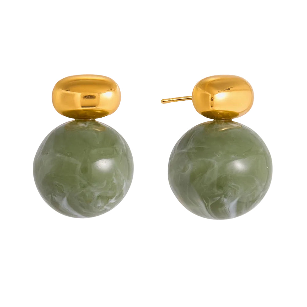 Gold dome stud earrings with oversized marbled green jade ball drop on light grey background