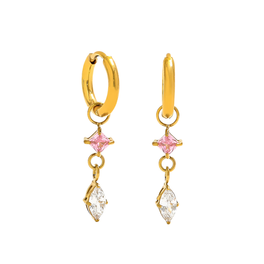 Gold hoop earrings with clear and lavender gem drops