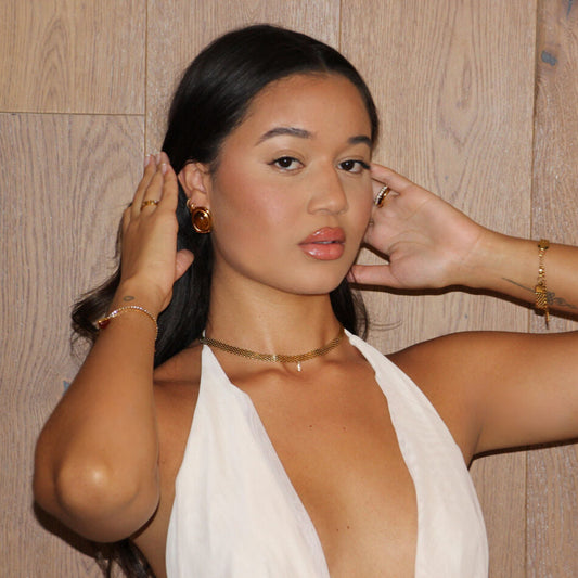 Gold baguette charm necklace, stainless steel, waterproof