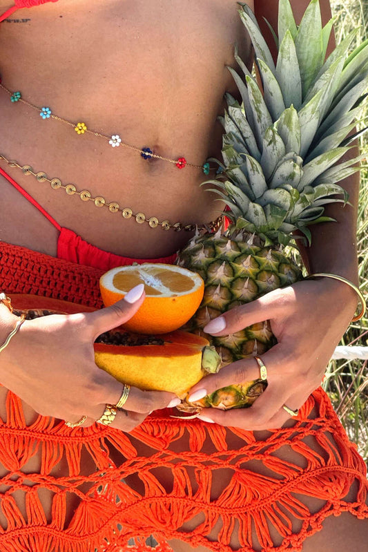 Gold floral beaded belly chain, stainless steel, waterproof