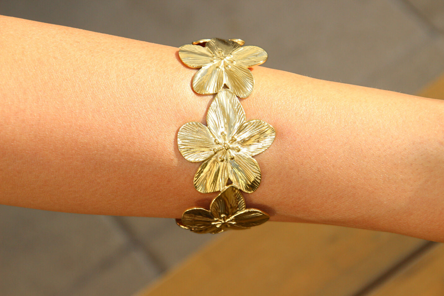 Gold floral cuff bracelet, stainless steel, waterproof