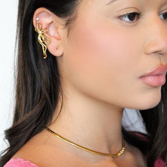 Gold floral ear huggers, stainless steel, waterproof