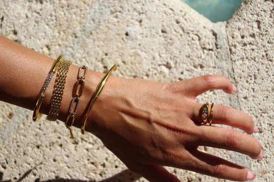 Gold ring with pink gem and clear stones, stainless steel, waterproof