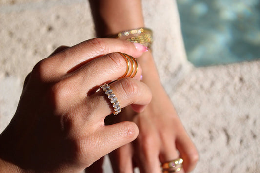 Gold-plated stainless steel eternity band with sparkling stones, waterproof and tarnish-resistant, perfect for everyday wear and special occasions