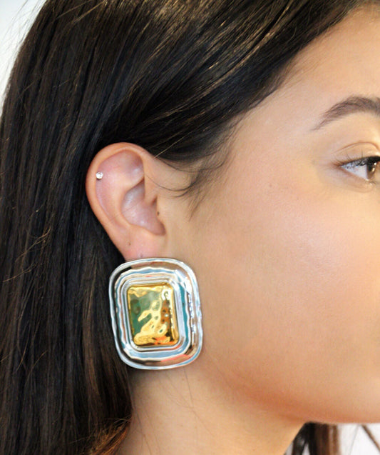 Chunky statement earrings with silver border and textured gold rectangle center