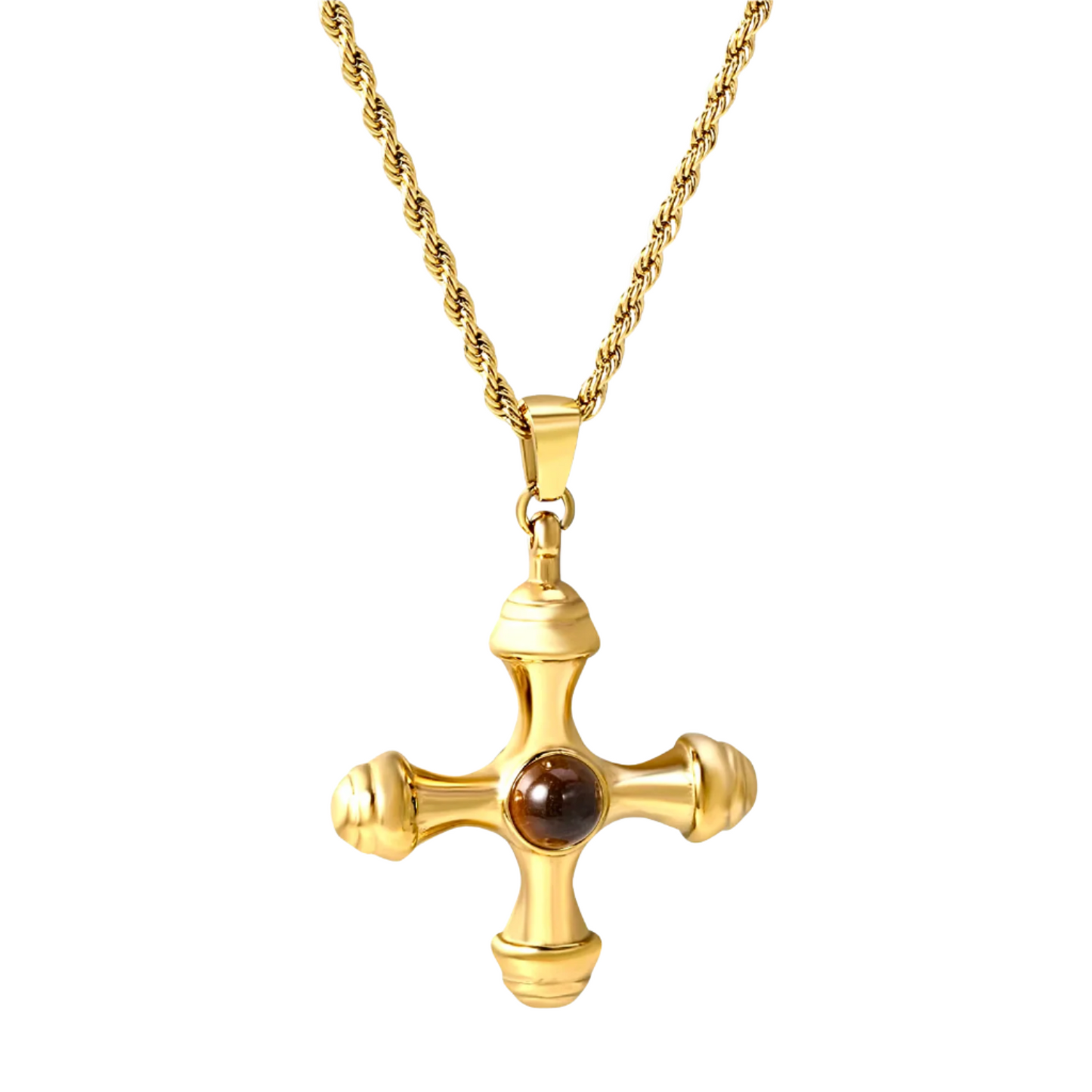 Gold cross pendant necklace with rounded edges and tiger eye gemstone