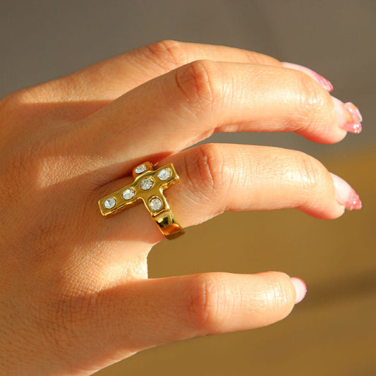 Gold cross crystal statement ring, stainless steel, waterproof