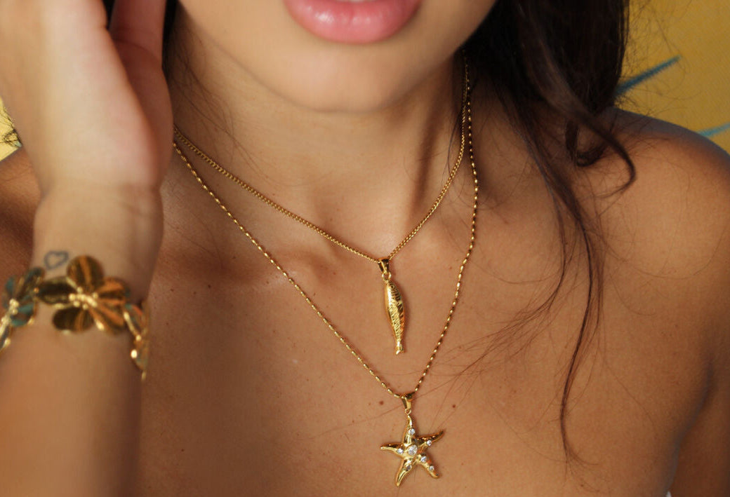 Gold starfish crystal pendant necklace, stainless steel, waterproof