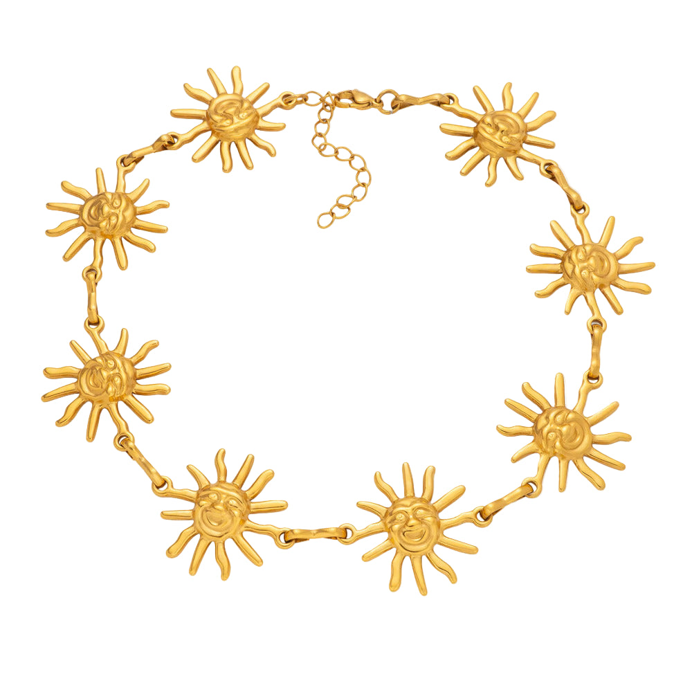 Gold sun motif chain bracelet, stainless steel, waterproof