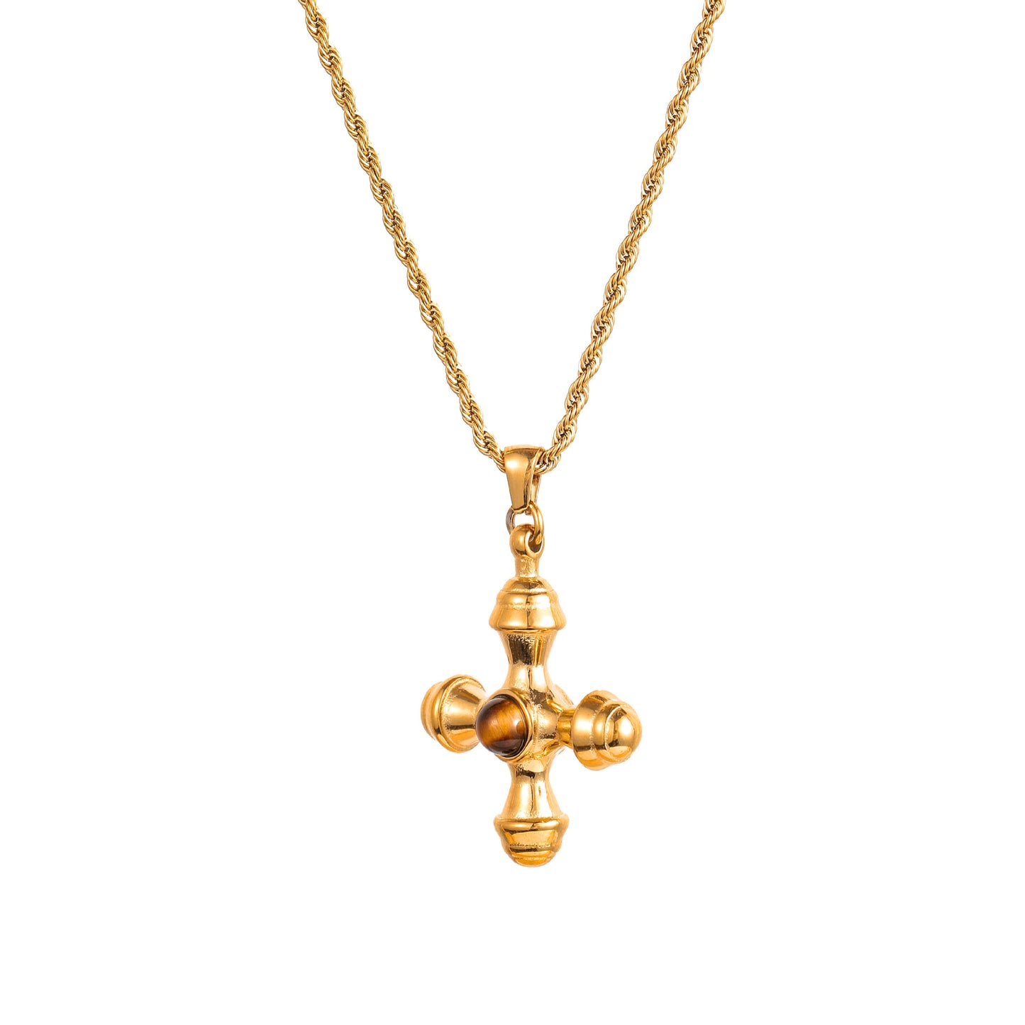Gold cross pendant necklace with rounded edges and tiger eye gemstone
