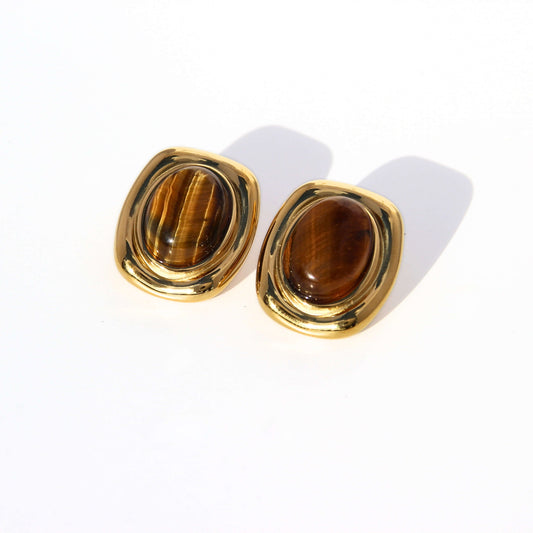Pair of earrings with gold accents and brown gemstones on a white background