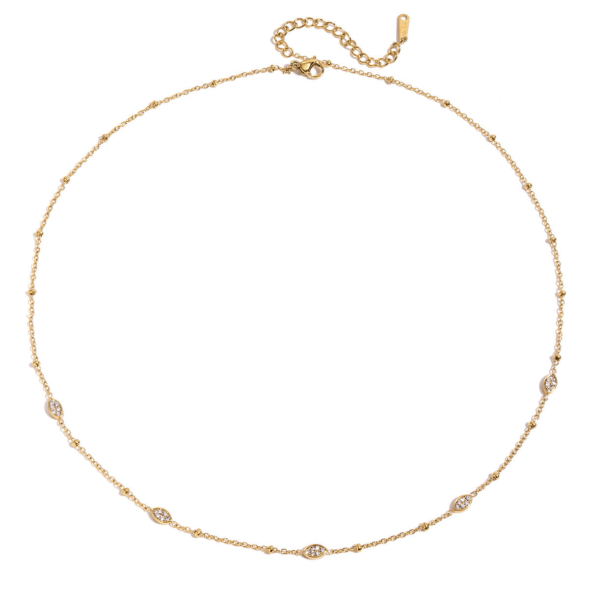 Amayah Jewelry Celeste Station Necklace - delicate satellite chain with pavé marquise crystal stations on white background