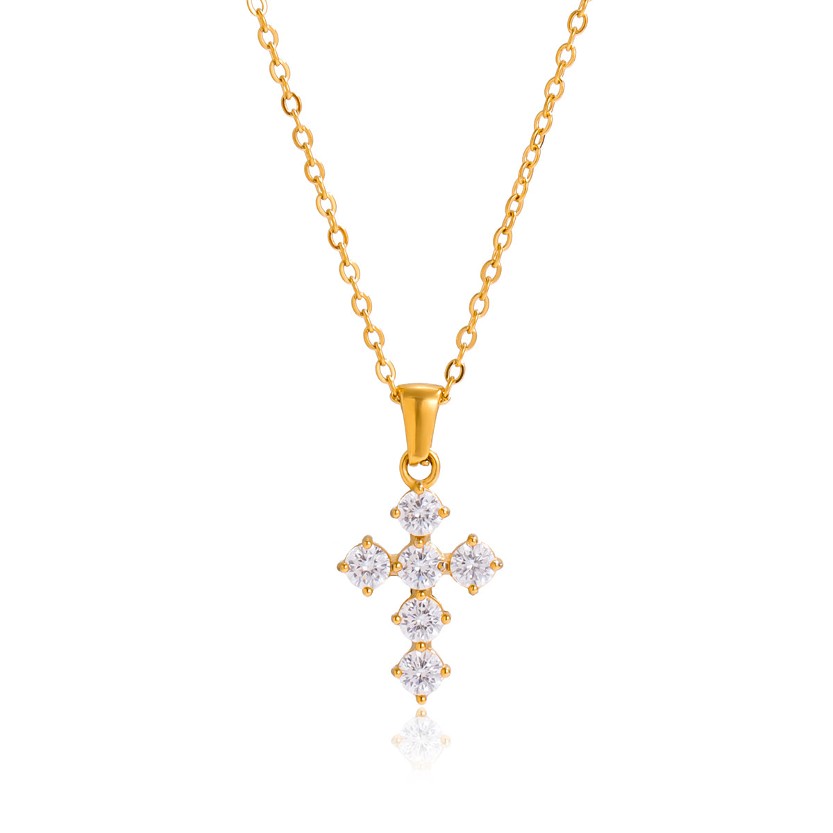 Amayah Jewelry Valentina Cross Necklace — crystal cross pendant with prong-set round stones on cable chain, white background