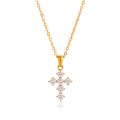 Amayah Jewelry Valentina Cross Necklace — crystal cross pendant with prong-set round stones on cable chain, white background
