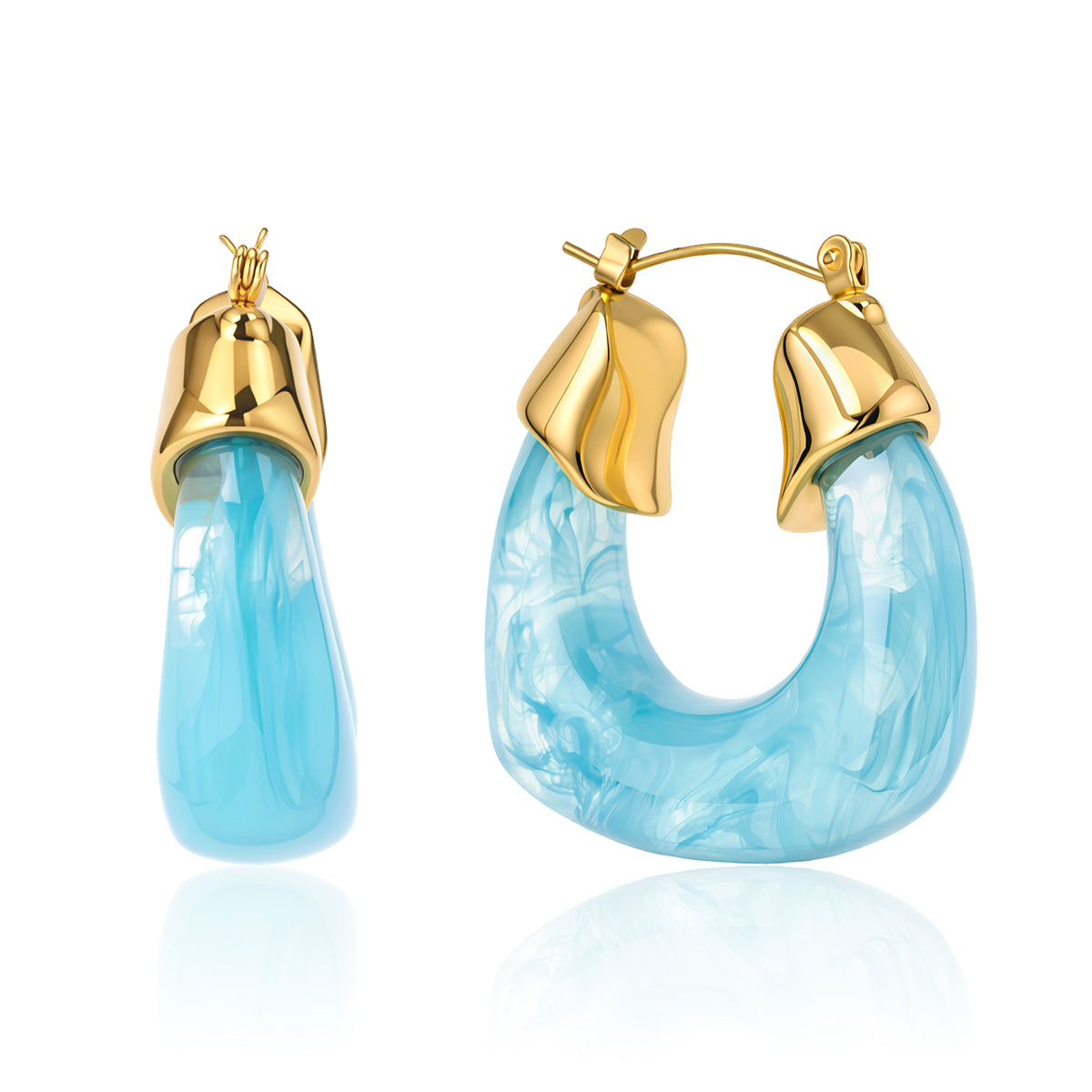 Aqua marble resin hoop earrings with gold cap closure. Chunky bold hoops, waterproof, hypoallergenic. Women's statement earrings in blue and gold.