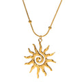 Bold hammered gold sunburst spiral pendant necklace on beaded gold chain, waterproof hypoallergenic statement jewelry
