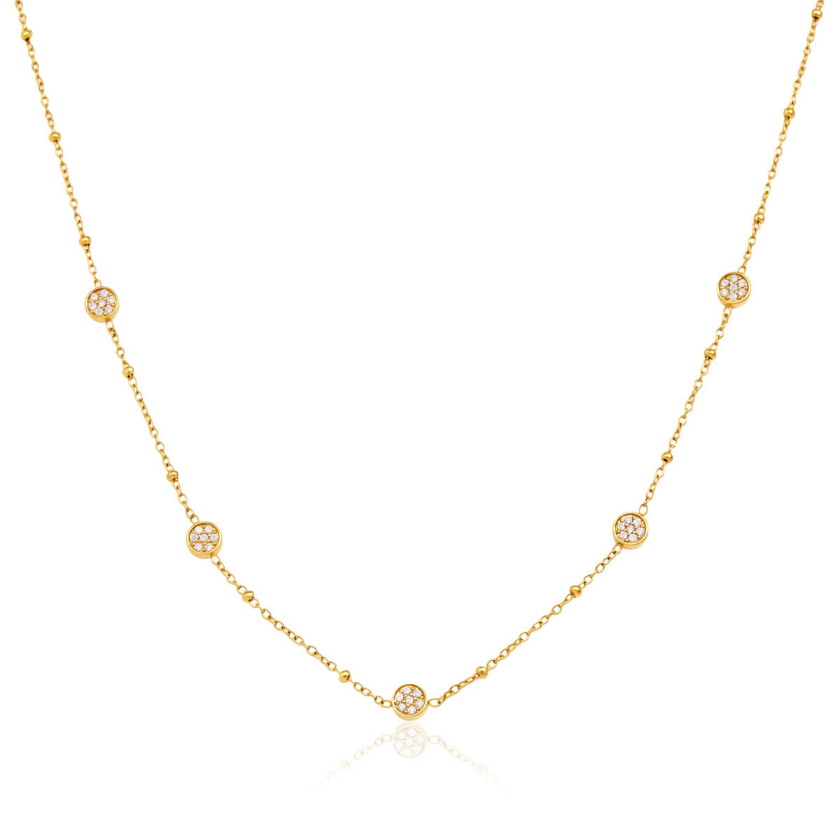  gold pavé CZ station necklace on a dainty beaded chain. Waterproof, tarnish-free & hypoallergenic