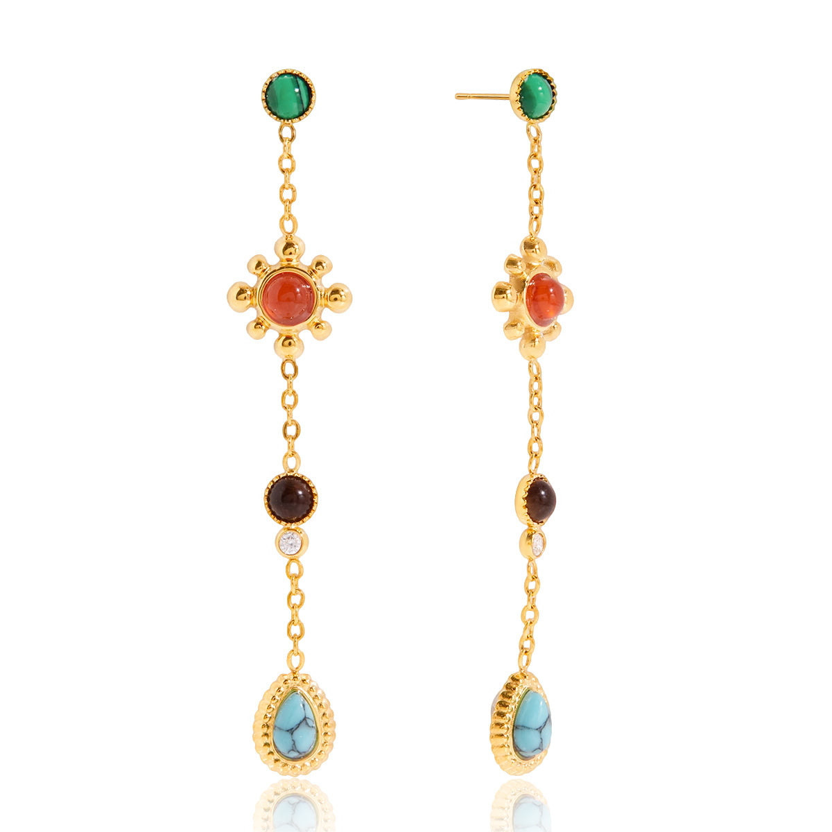 Gold long chain drop earrings with malachite, carnelian, garnet and turquoise multi-stone charms on white background