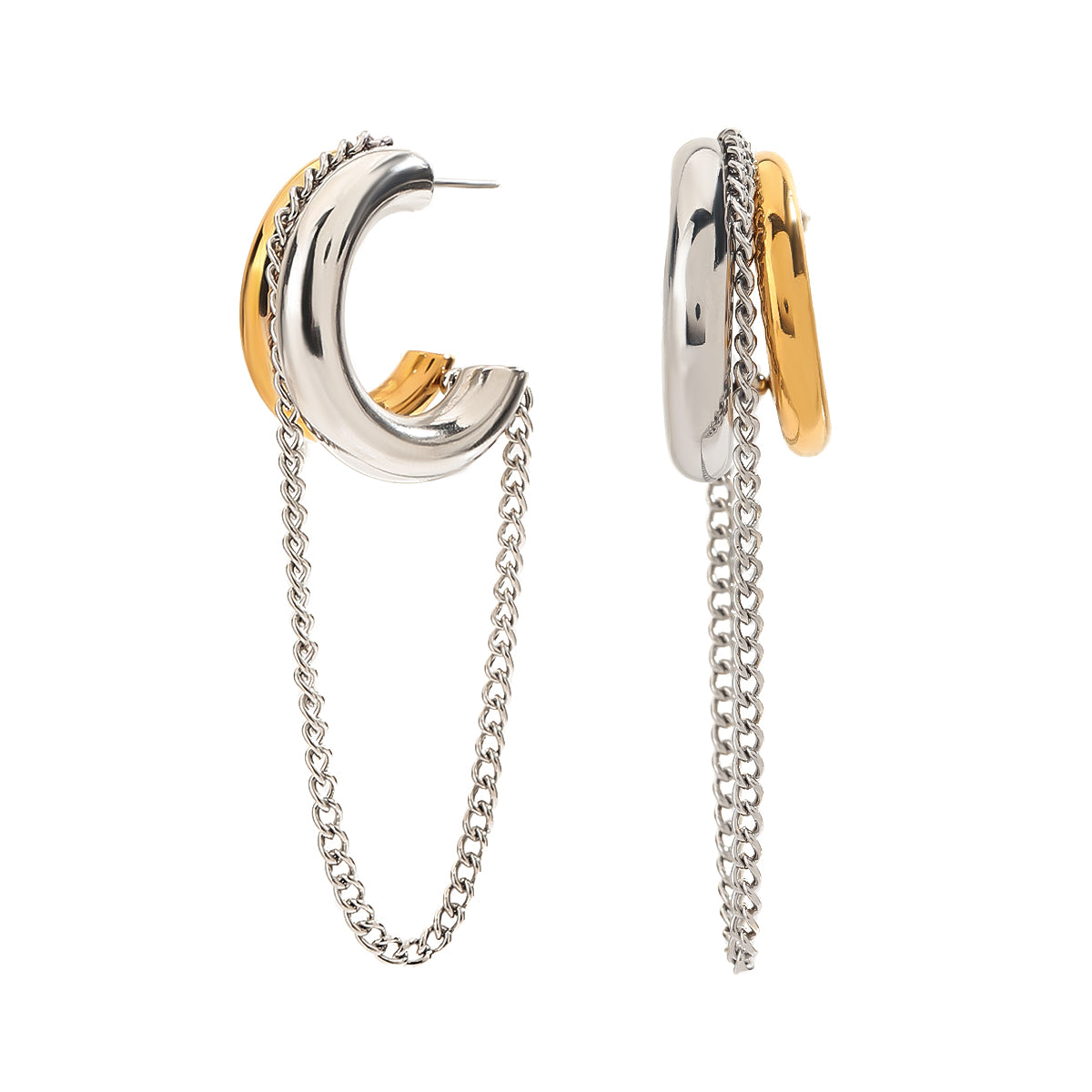Mixed metal hoop earrings with silver curb chain drop. Two-tone gold silver chunky hoops, stud back, waterproof and hypoallergenic. Edgy women's statement earrings.
