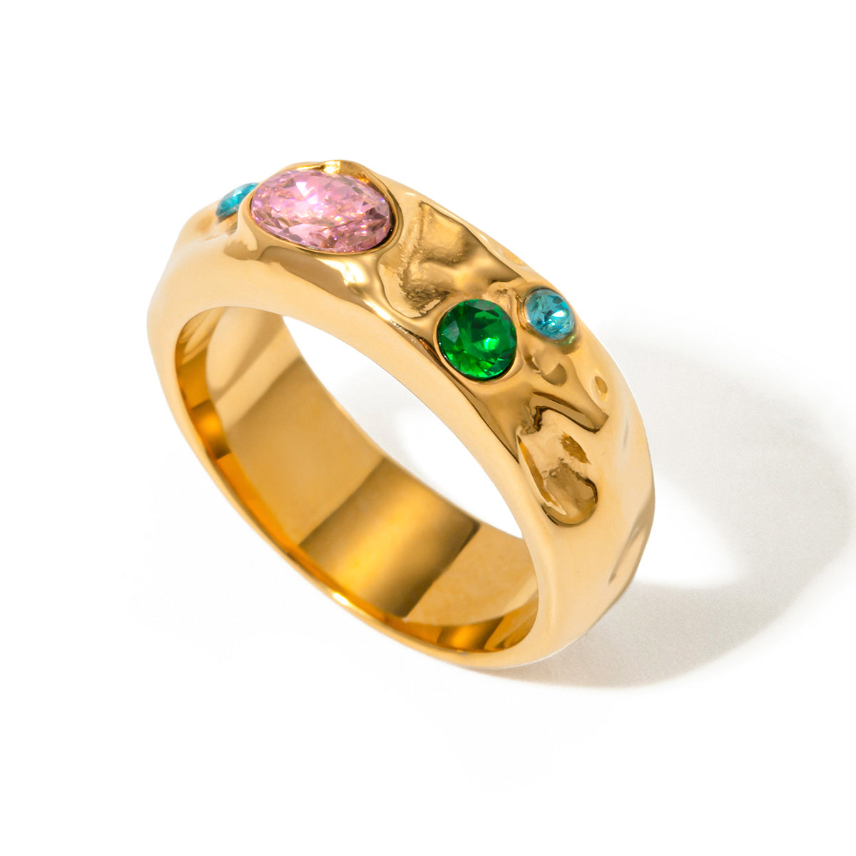 Wide hammered gold dome ring with scattered bezel set pink green and blue colored stones — waterproof hypoallergenic colorful statement ring