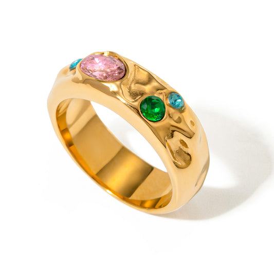 Wide hammered gold dome ring with scattered bezel set pink green and blue colored stones — waterproof hypoallergenic colorful statement ring