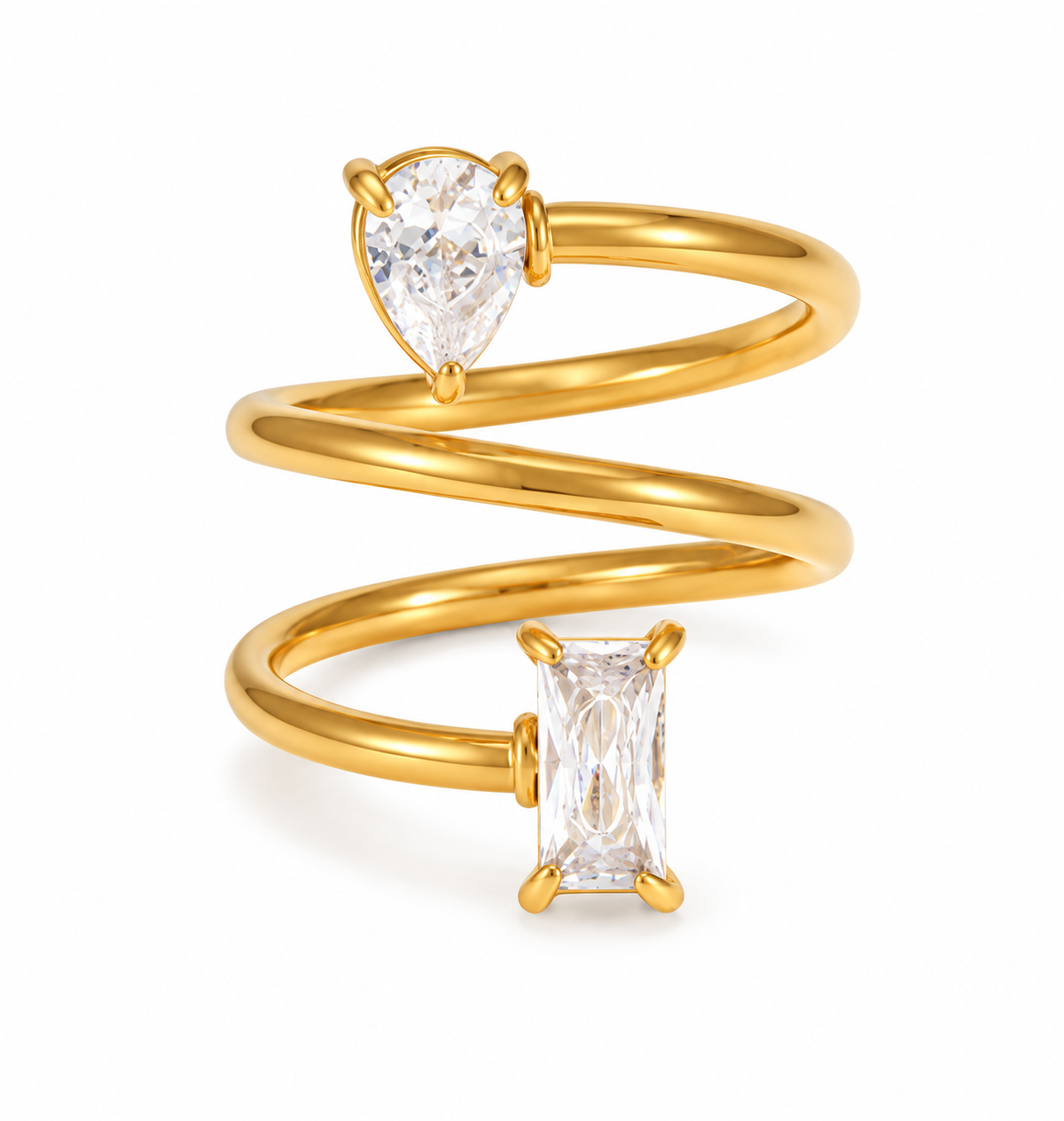 A gold spiral ring featuring a pear-cut clear gemstone at the top and a rectangular baguette-cut clear gemstone at the bottom, set against a plain white background.