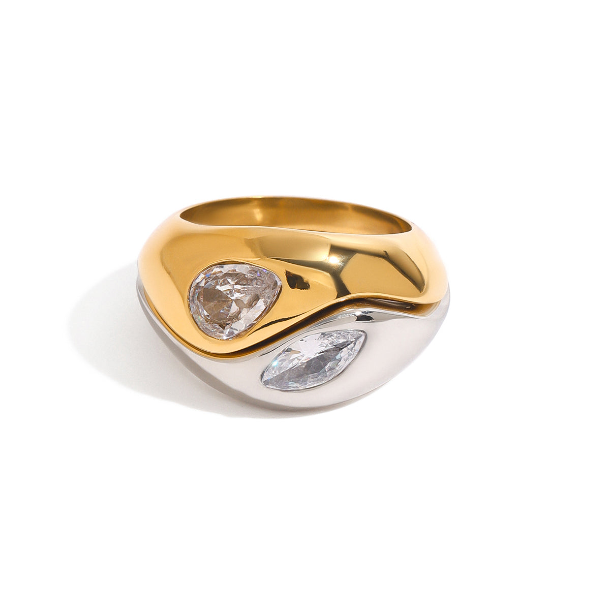 hunky high-polish dome ring with flush set teardrop crystal available in gold and silver — waterproof hypoallergenic minimalist ring