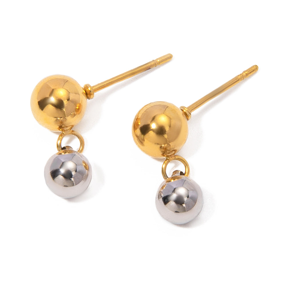 Dainty two-tone ball stud earrings with silver drop. Gold and silver double sphere studs, waterproof and hypoallergenic. Minimalist women's earrings.