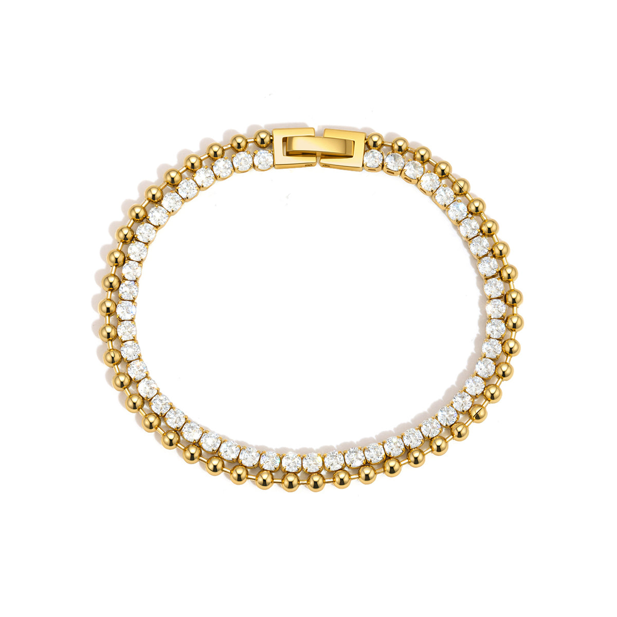 Gold and white beaded bracelet on a white background
