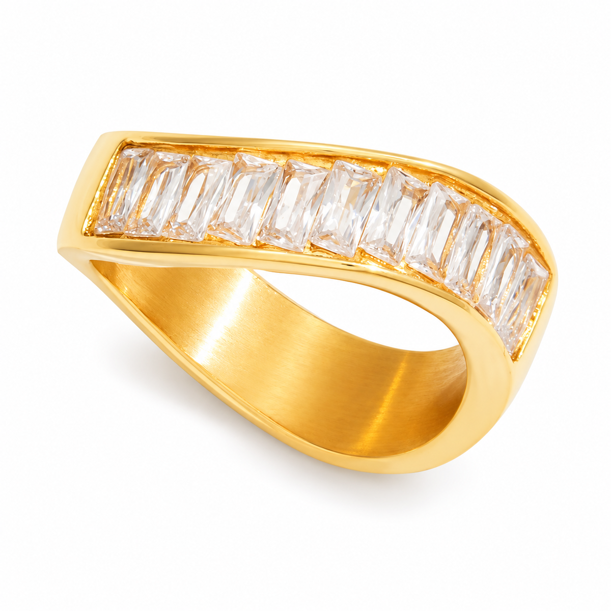 A gold ring with a curved, open-top design featuring a row of clear baguette-cut gemstones on the top surface, shown against a plain white background.