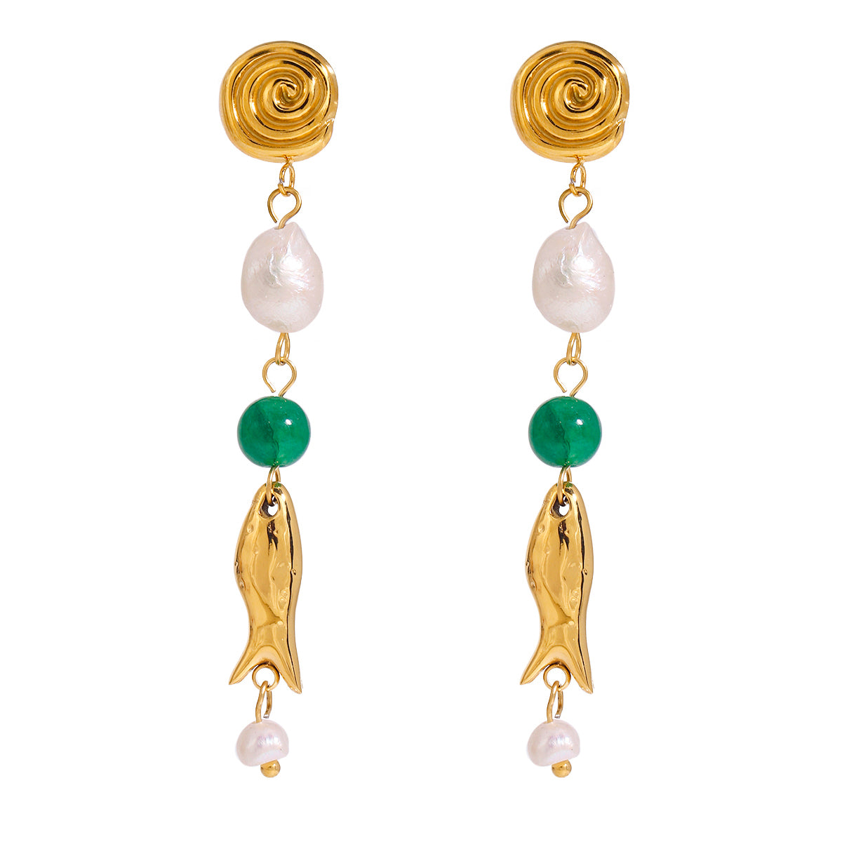 Gold fish charm drop earrings with baroque pearl, green agate bead and spiral stud top on white background