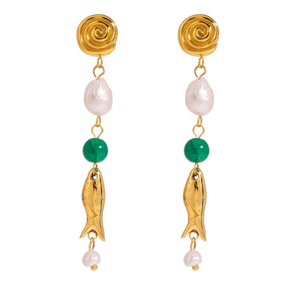 Gold fish charm drop earrings with baroque pearl, green agate bead and spiral stud top on white background