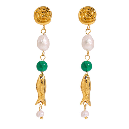 Gold fish charm drop earrings with baroque pearl, green agate bead and spiral stud top on white background