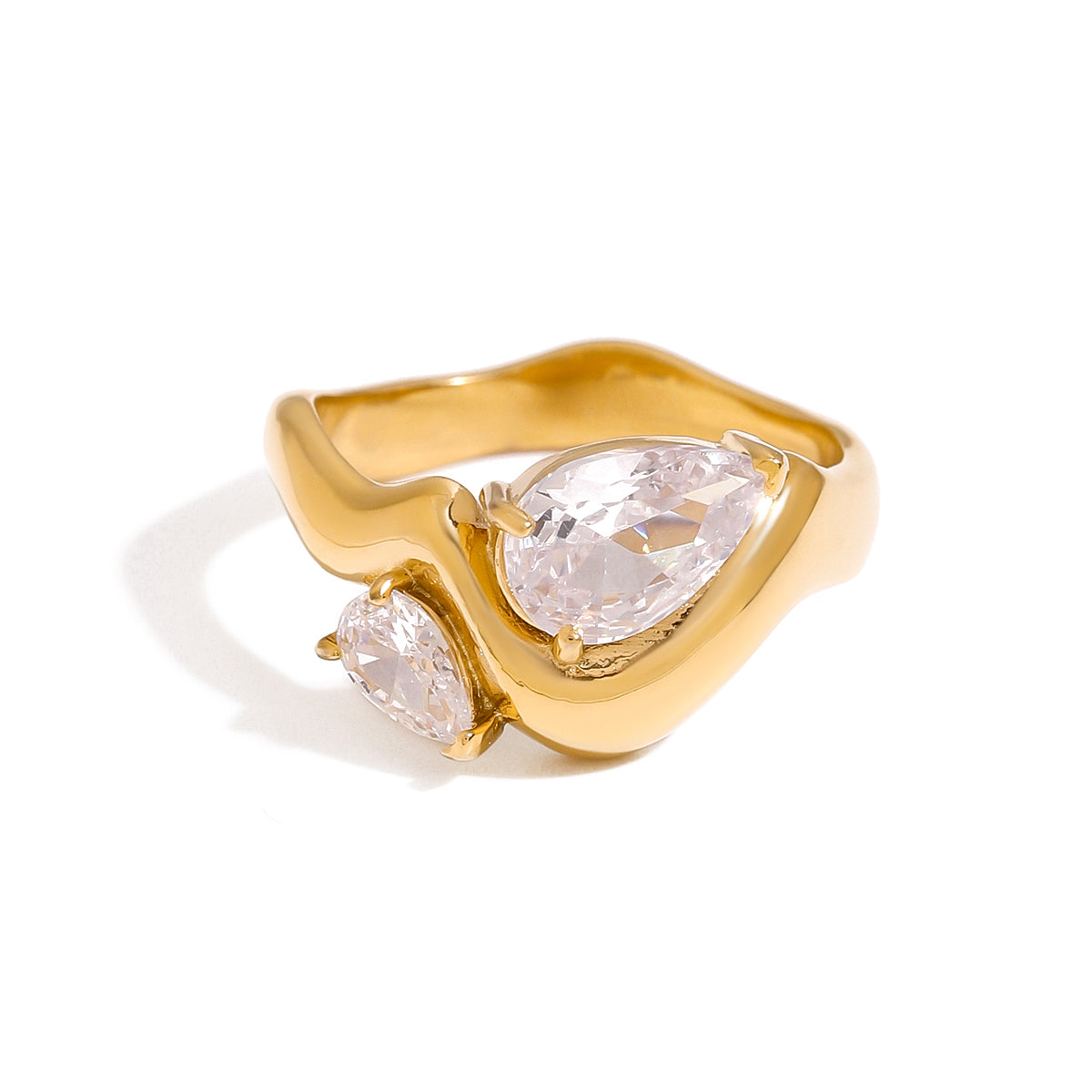 Gold wave band ring with oversized teardrop and round crystal prong set stones — waterproof hypoallergenic statement ring