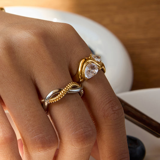 Gold wave band ring with oversized teardrop and round crystal prong set stones — waterproof hypoallergenic statement ring