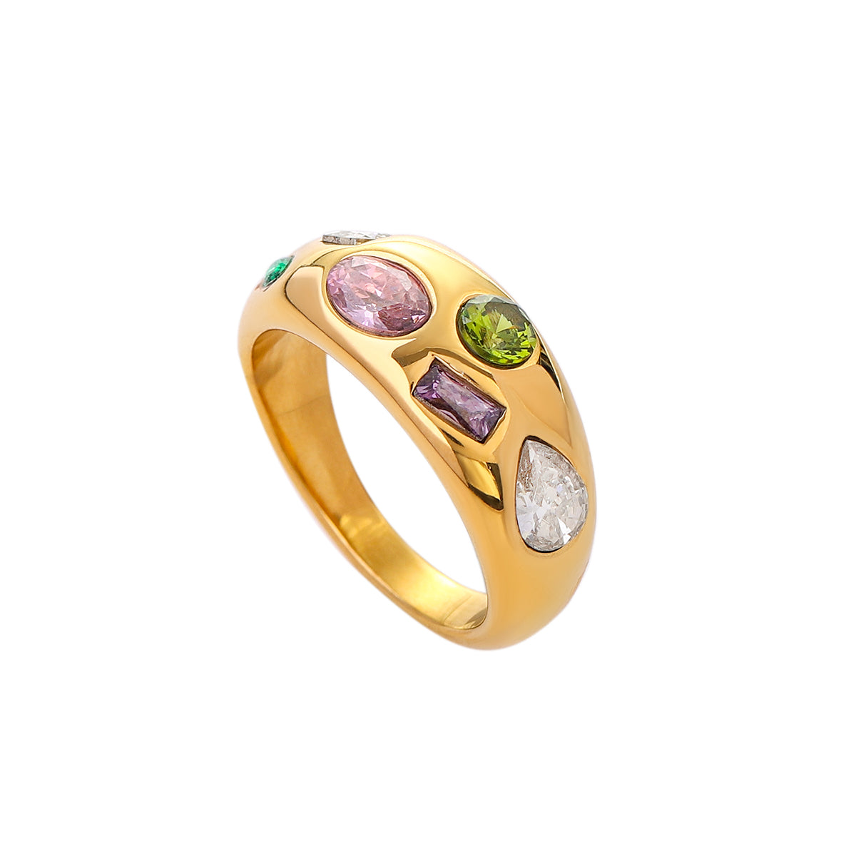 Gold chunky dome ring with multicolor mixed cut flush set stones in pink green purple and clear — waterproof hypoallergenic colorful statement ring
