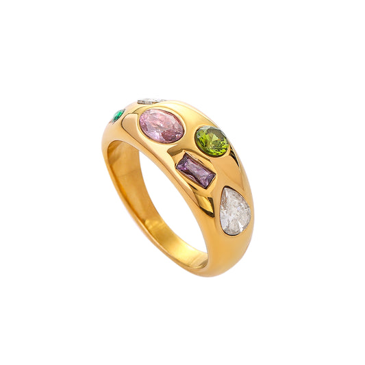 Gold chunky dome ring with multicolor mixed cut flush set stones in pink green purple and clear — waterproof hypoallergenic colorful statement ring
